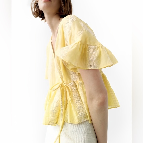 Zara Ruffled Sleeve Embroidered Peasant Wrap Top Yellow Size Medium - Picture 8 of 13